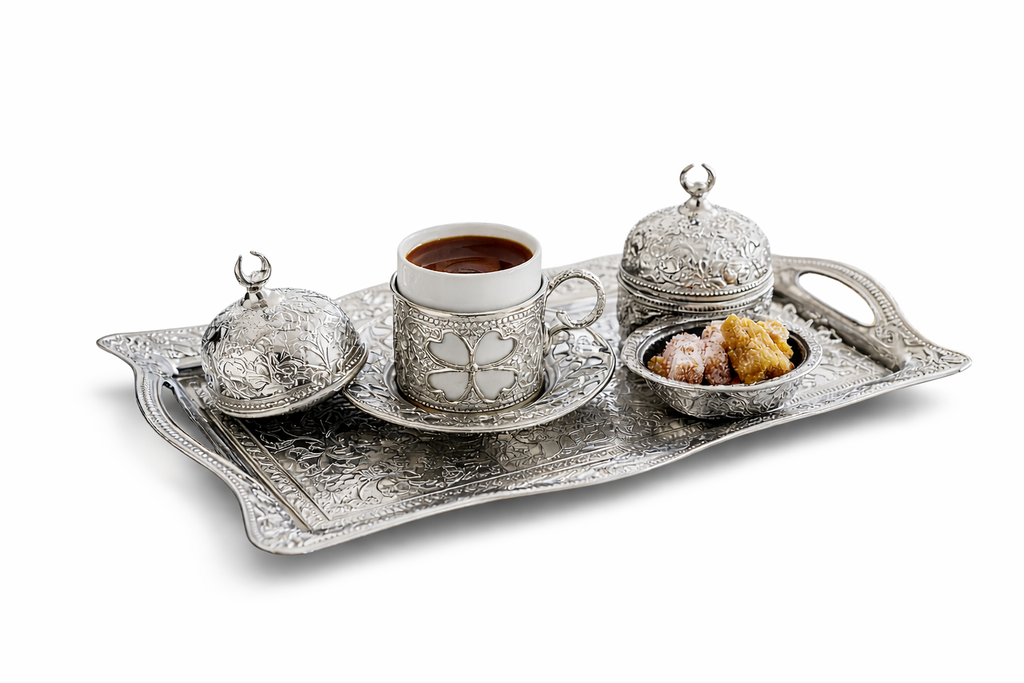Traditional Turkish Coffee Serving Set – Nickel Plated Ottoman Style Tray, Cup Holder & Sugar Bowl – Elegant Turkish Coffee Presentation Set