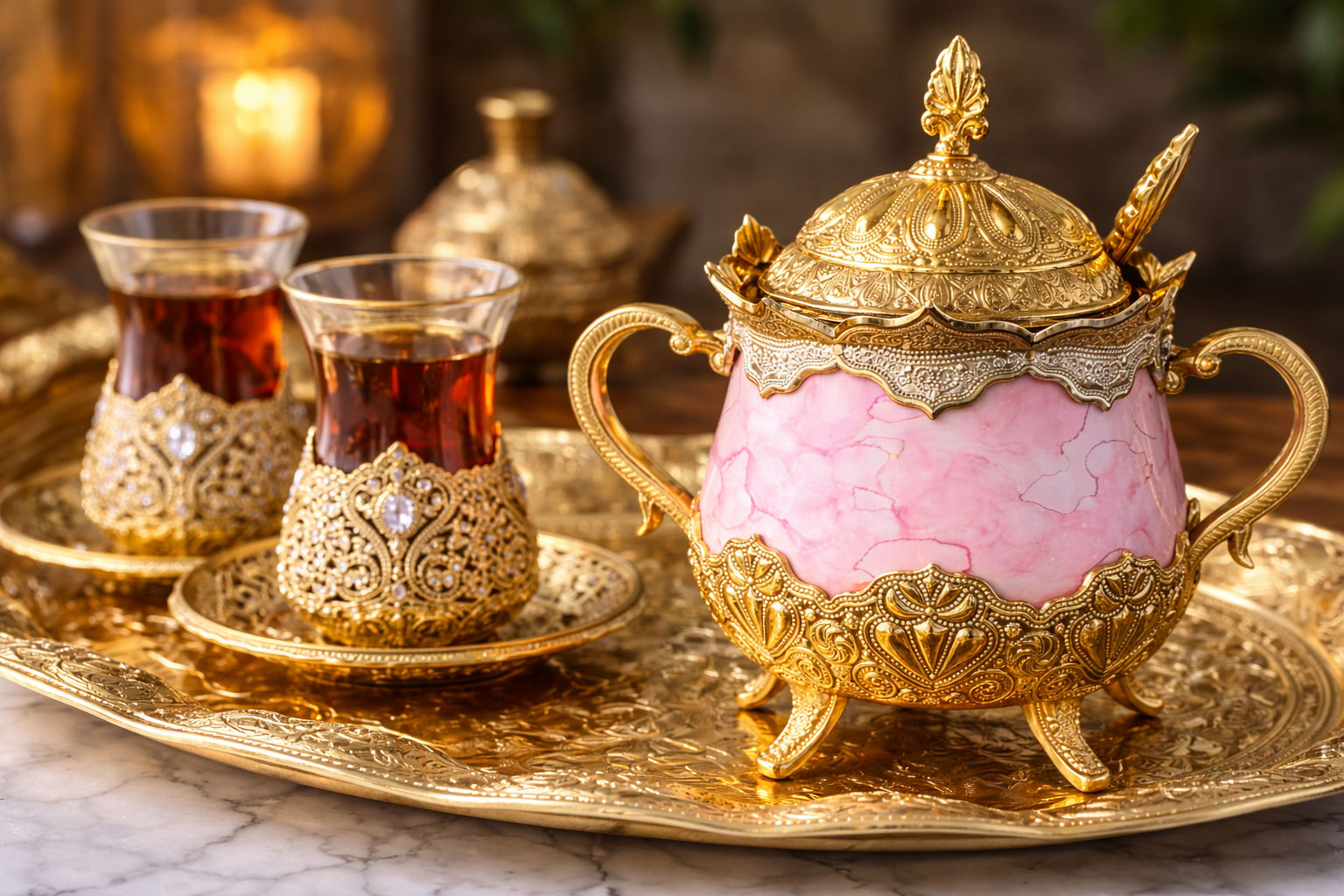 Luxury Pink Porcelain Sugar Bowl with Lid & Spoon – Ottoman Style Gold Design