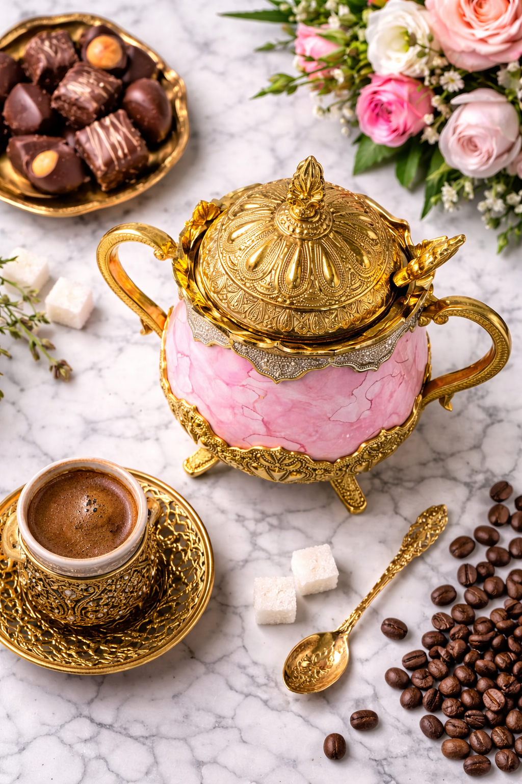 Luxury Pink Porcelain Sugar Bowl with Lid & Spoon – Ottoman Style Gold Design