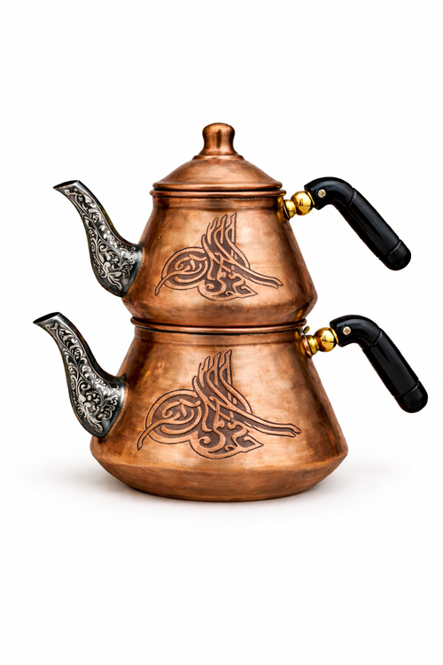 Handcrafted Copper Turkish Teapot Set – Ottoman Style Double Teapot (Çaydanlık) with Engraved Design – Traditional Turkish Tea Maker