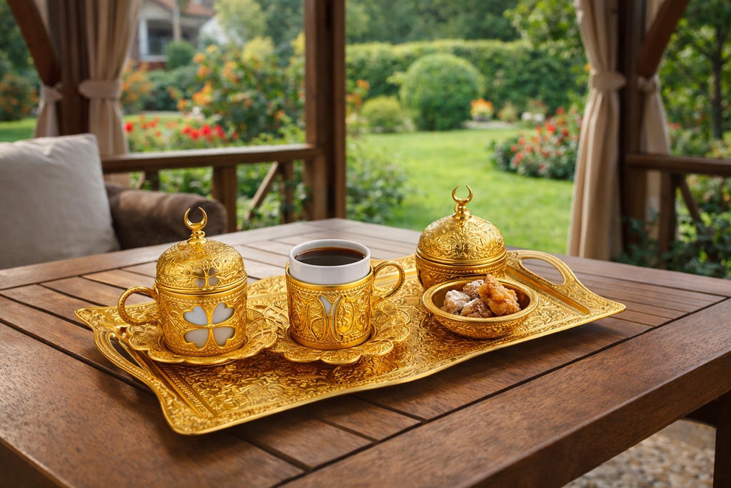 Luxury Gold Turkish Coffee Serving Set – Ottoman Style Tray, Cup Holder & Sugar Bowl – Decorative Turkish Coffee Presentation Set