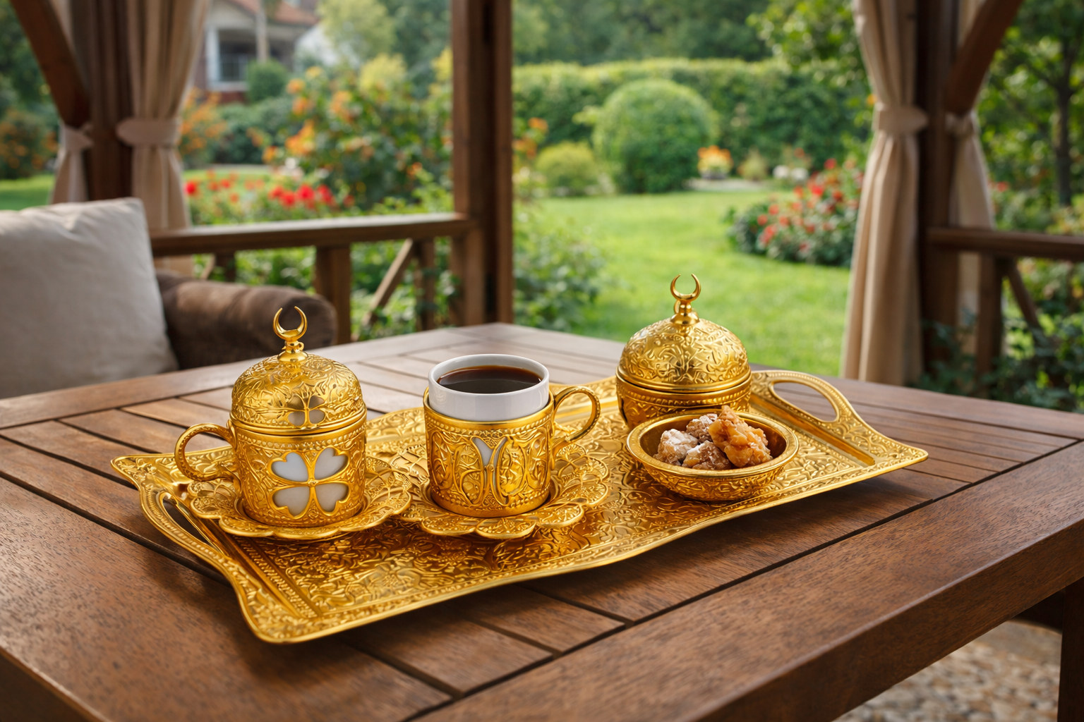 Luxury Gold Turkish Coffee Serving Set – Ottoman Style Tray, Cup Holder & Sugar Bowl – Decorative Turkish Coffee Presentation Set