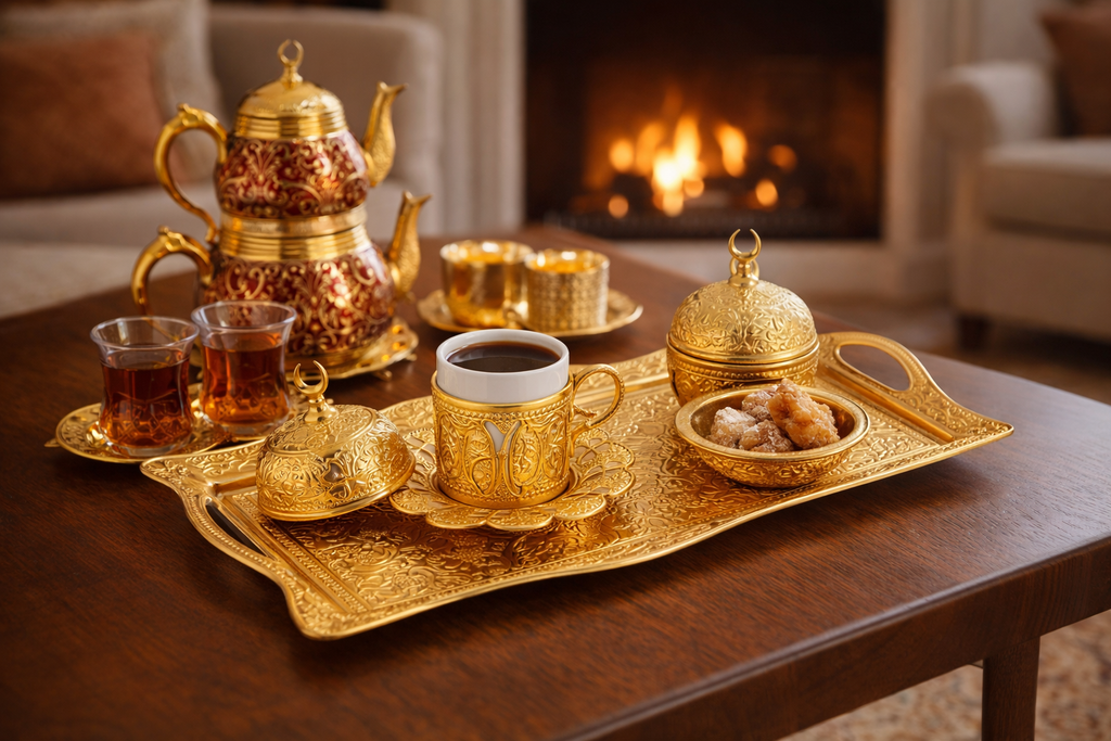 Luxury Gold Turkish Coffee Serving Set – Ottoman Style Tray, Cup Holder & Sugar Bowl – Decorative Turkish Coffee Presentation Set