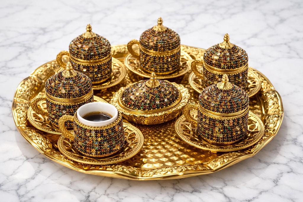 Luxury Ottoman Style Turkish Coffee Set for 6 – Gold Tray & Porcelain Inner Cups