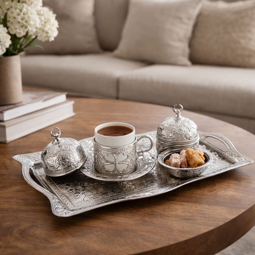 Traditional Turkish Coffee Serving Set – Nickel Plated Ottoman Style Tray, Cup Holder & Sugar Bowl – Elegant Turkish Coffee Presentation Set