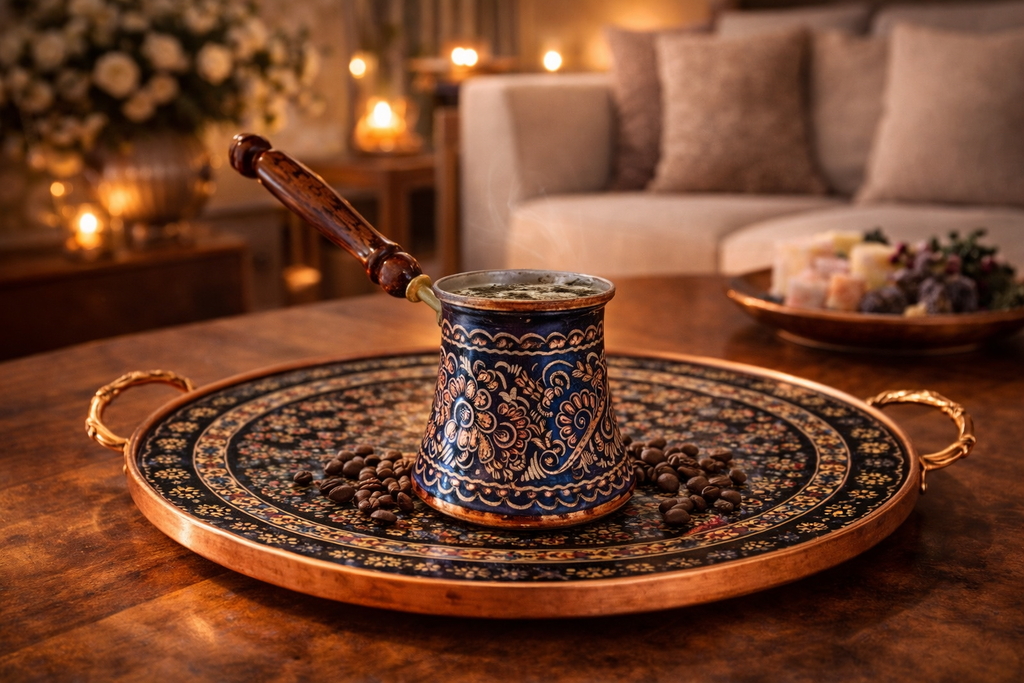 Artisan Blue Enamel Copper Turkish Coffee Pot – Handcrafted Cezve