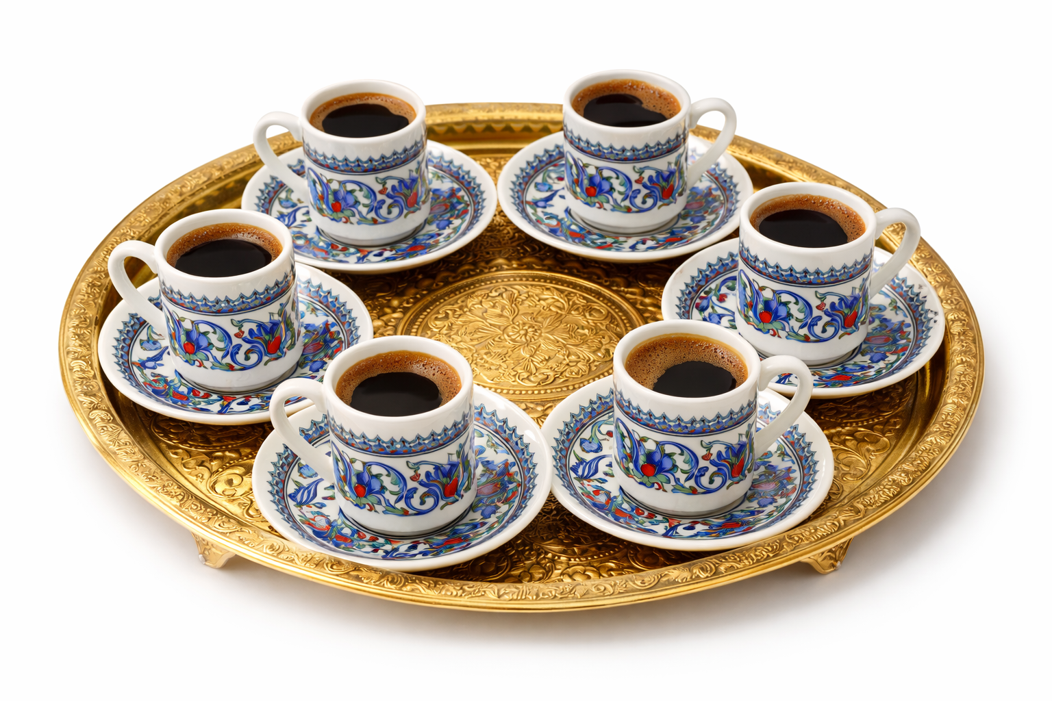 Traditional Ottoman Style Porcelain Turkish Coffee Set – 6 Cups with Gold Tray