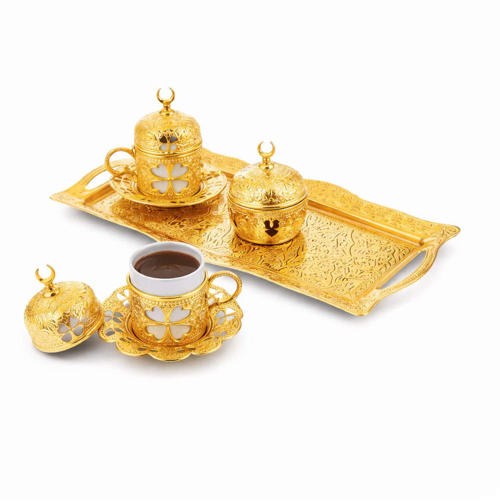 Luxury Gold Turkish Coffee Serving Set – Ottoman Style Tray, Cup Holder & Sugar Bowl – Decorative Turkish Coffee Presentation Set