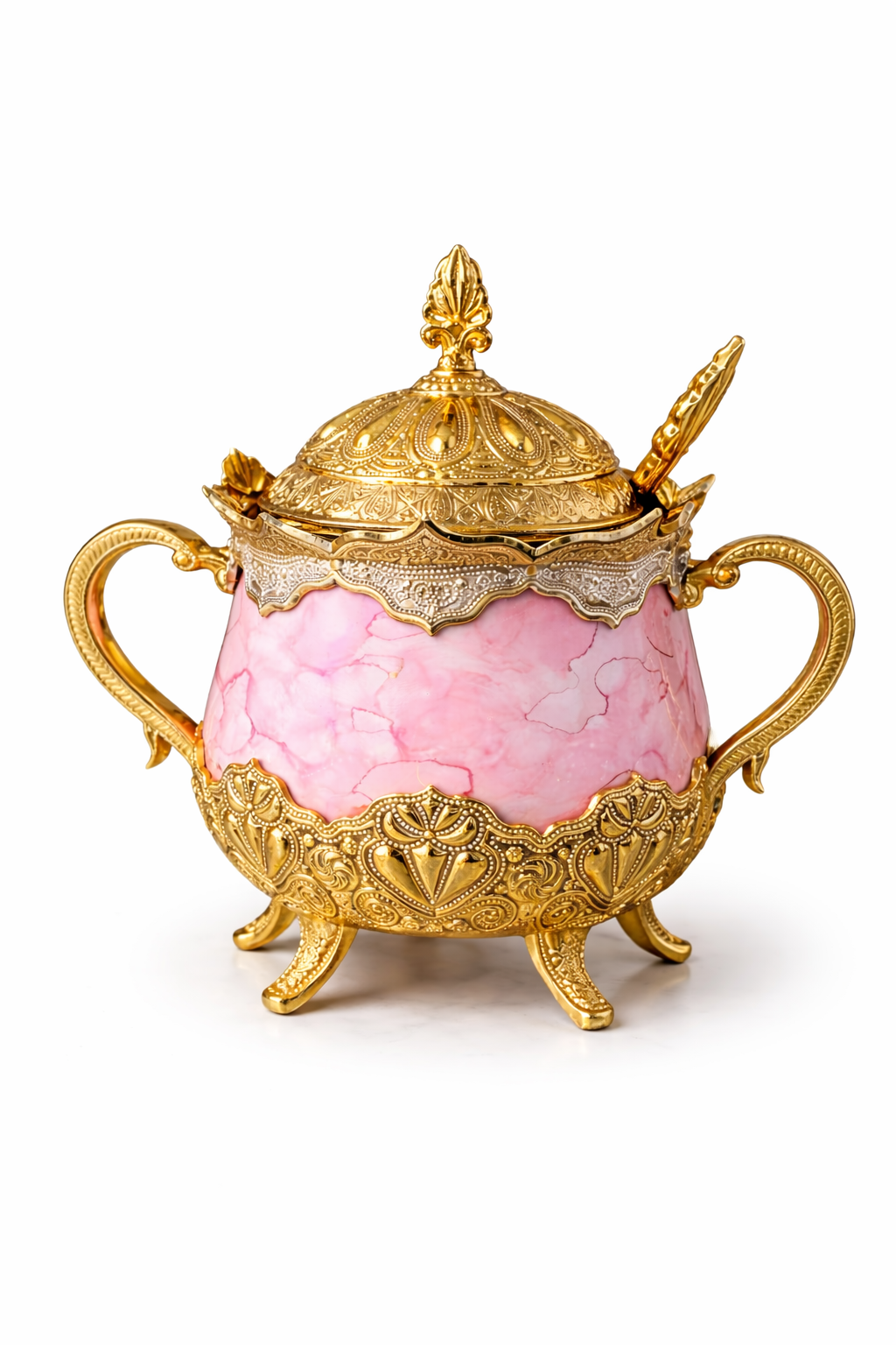 Luxury Pink Porcelain Sugar Bowl with Lid & Spoon – Ottoman Style Gold Design