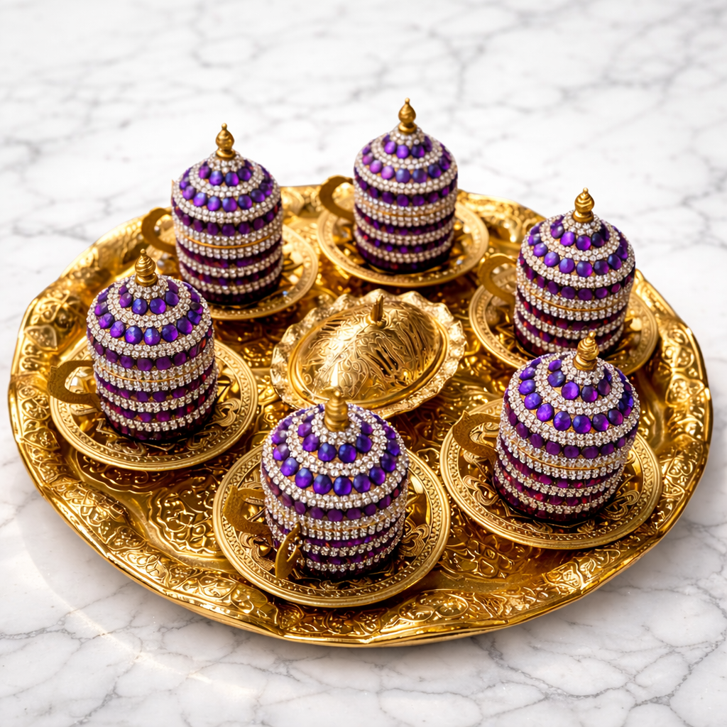 Luxury Ottoman Style 6-Piece Turkish Coffee Set with Gold Tray – Porcelain Cups