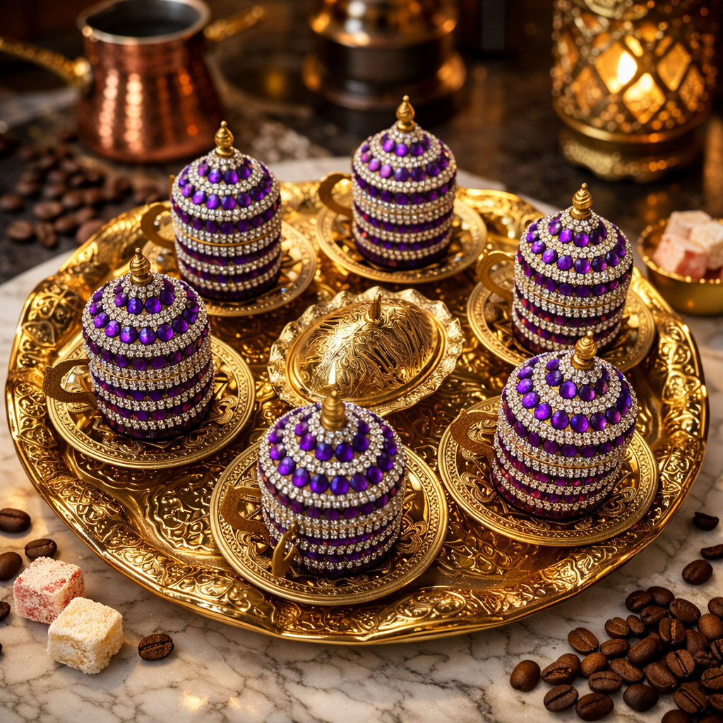 Luxury Ottoman Style 6-Piece Turkish Coffee Set with Gold Tray – Porcelain Cups