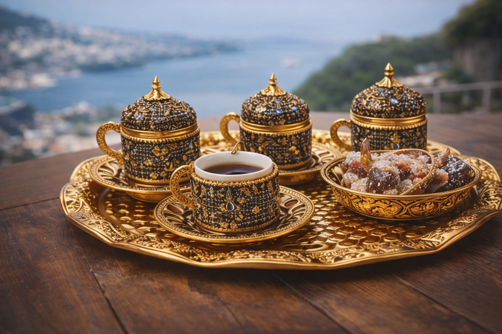 Luxury Ottoman Style Turkish Coffee Set for 6 – Gold Tray & Porcelain Inner Cups