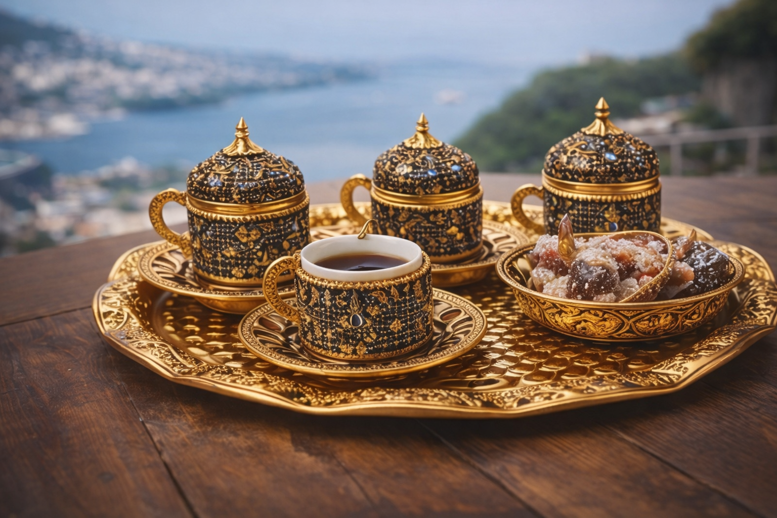 Luxury Ottoman Style Turkish Coffee Set for 6 – Gold Tray & Porcelain Inner Cups