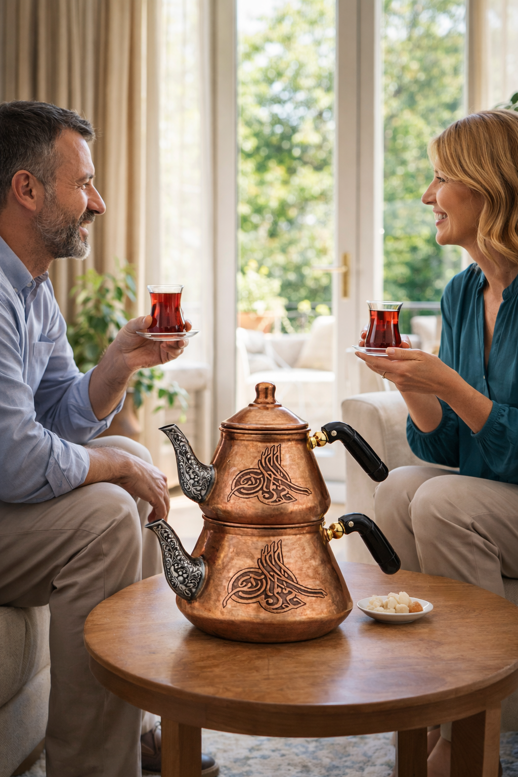 Handcrafted Copper Turkish Teapot Set – Ottoman Style Double Teapot (Çaydanlık) with Engraved Design – Traditional Turkish Tea Maker