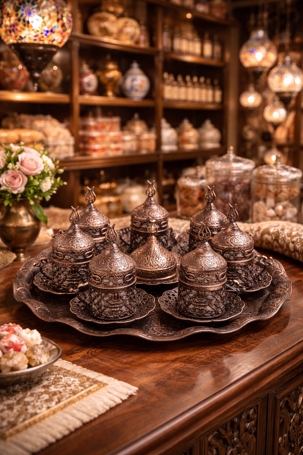 Velmora Sultan Copper Coffee Ritual Set – Handcrafted Ottoman 6 Cup Collection