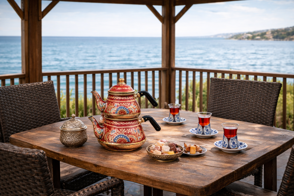 Handcrafted Turkish Double Teapot Set – Traditional Ottoman Style Red Enamel Tea Kettle with Tea Glasses & Sugar Bowl