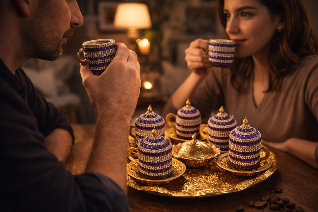 Luxury Ottoman Style 6-Piece Turkish Coffee Set with Gold Tray – Porcelain Cups