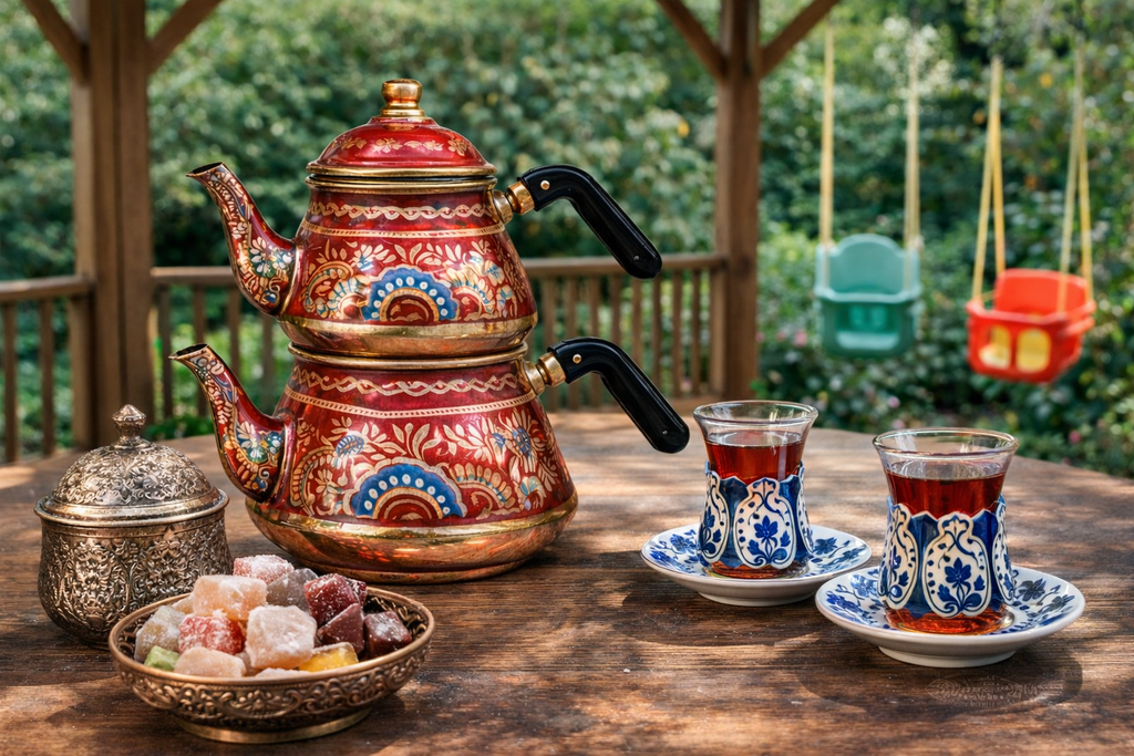 Handcrafted Turkish Double Teapot Set – Traditional Ottoman Style Red Enamel Tea Kettle with Tea Glasses & Sugar Bowl