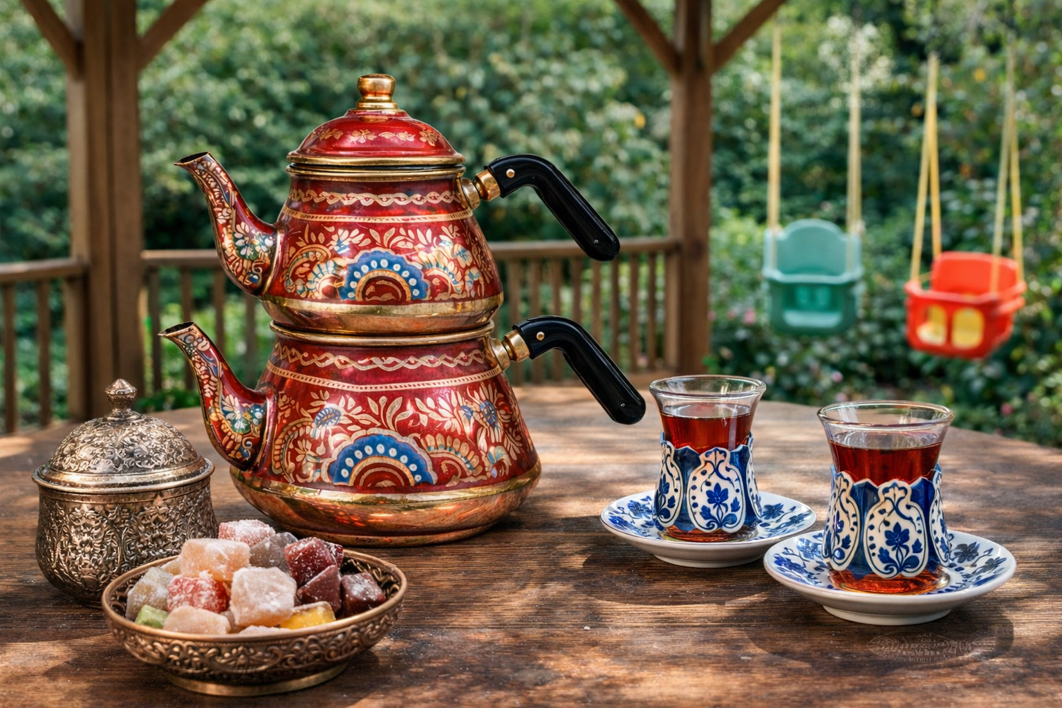 Handcrafted Turkish Double Teapot Set – Traditional Ottoman Style Red Enamel Tea Kettle with Tea Glasses & Sugar Bowl
