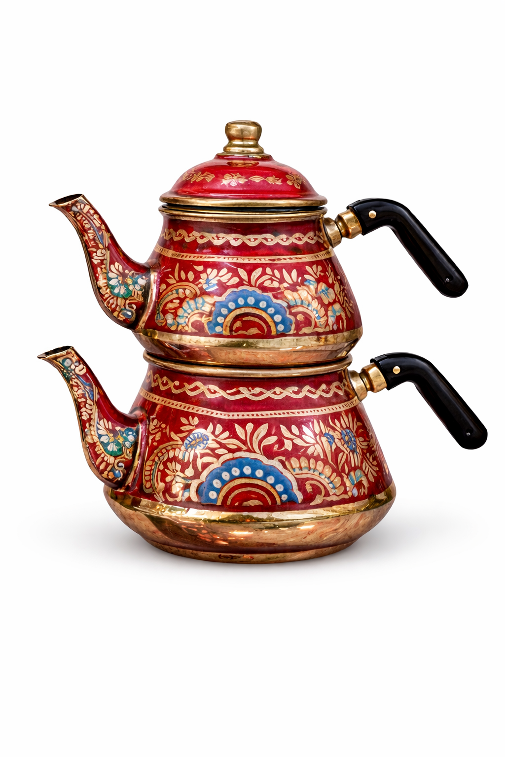 Handcrafted Turkish Double Teapot Set – Traditional Ottoman Style Red Enamel Tea Kettle with Tea Glasses & Sugar Bowl