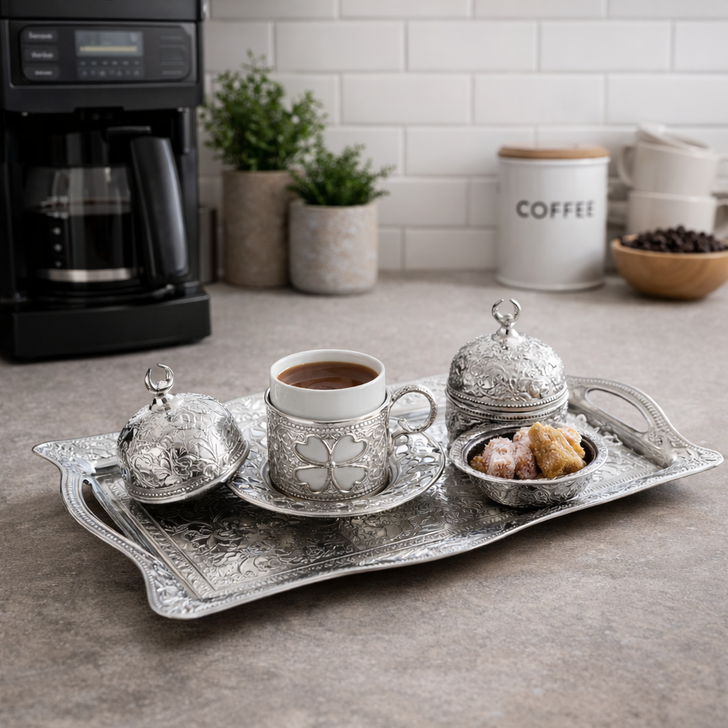 Traditional Turkish Coffee Serving Set – Nickel Plated Ottoman Style Tray, Cup Holder & Sugar Bowl – Elegant Turkish Coffee Presentation Set
