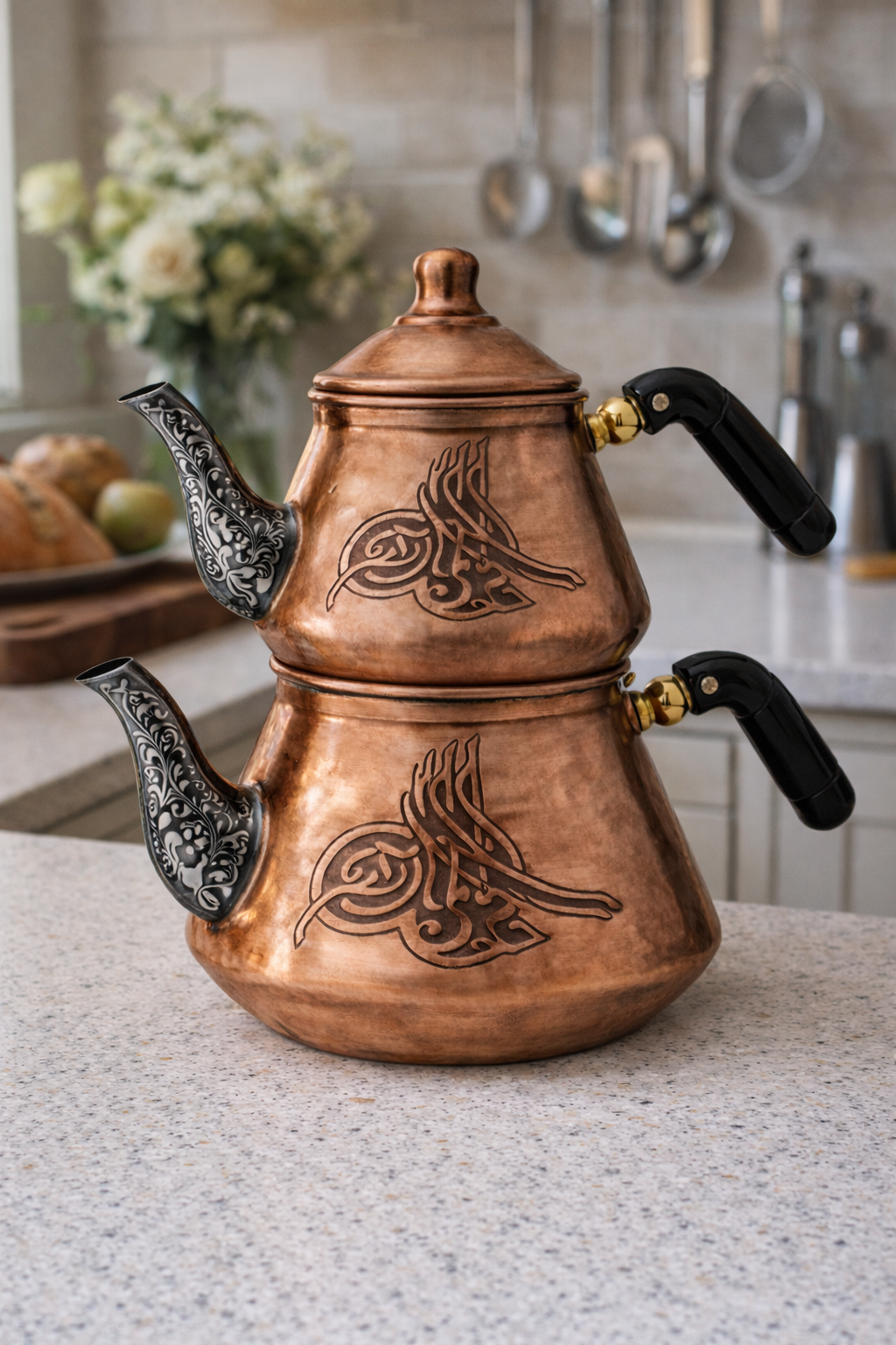 Handcrafted Copper Turkish Teapot Set – Ottoman Style Double Teapot (Çaydanlık) with Engraved Design – Traditional Turkish Tea Maker