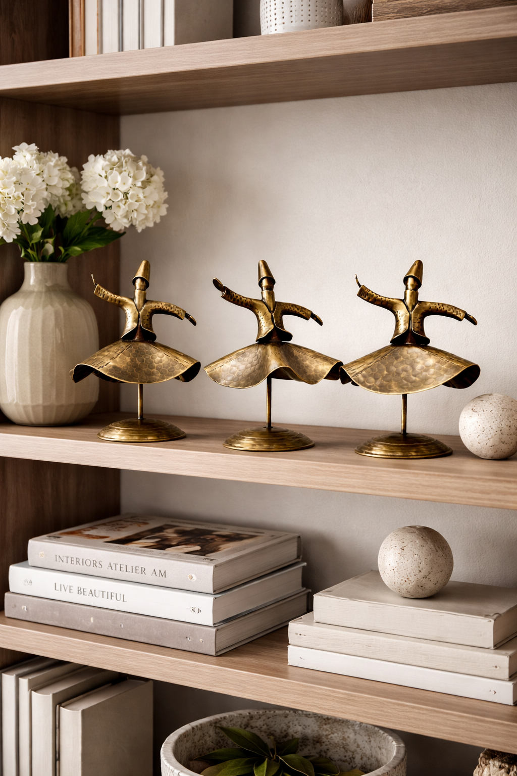 Ottoman Brass Whirling Dervish Statue Set – Handmade Turkish Sufi Home Decor (3 Pieces)