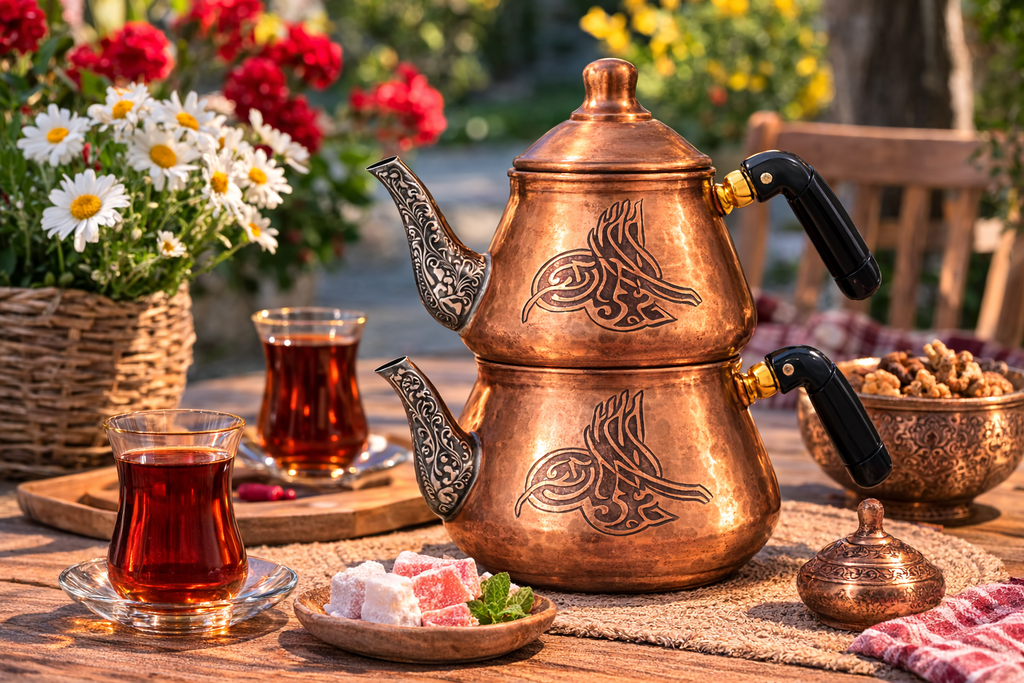 Handcrafted Copper Turkish Teapot Set – Ottoman Style Double Teapot (Çaydanlık) with Engraved Design – Traditional Turkish Tea Maker