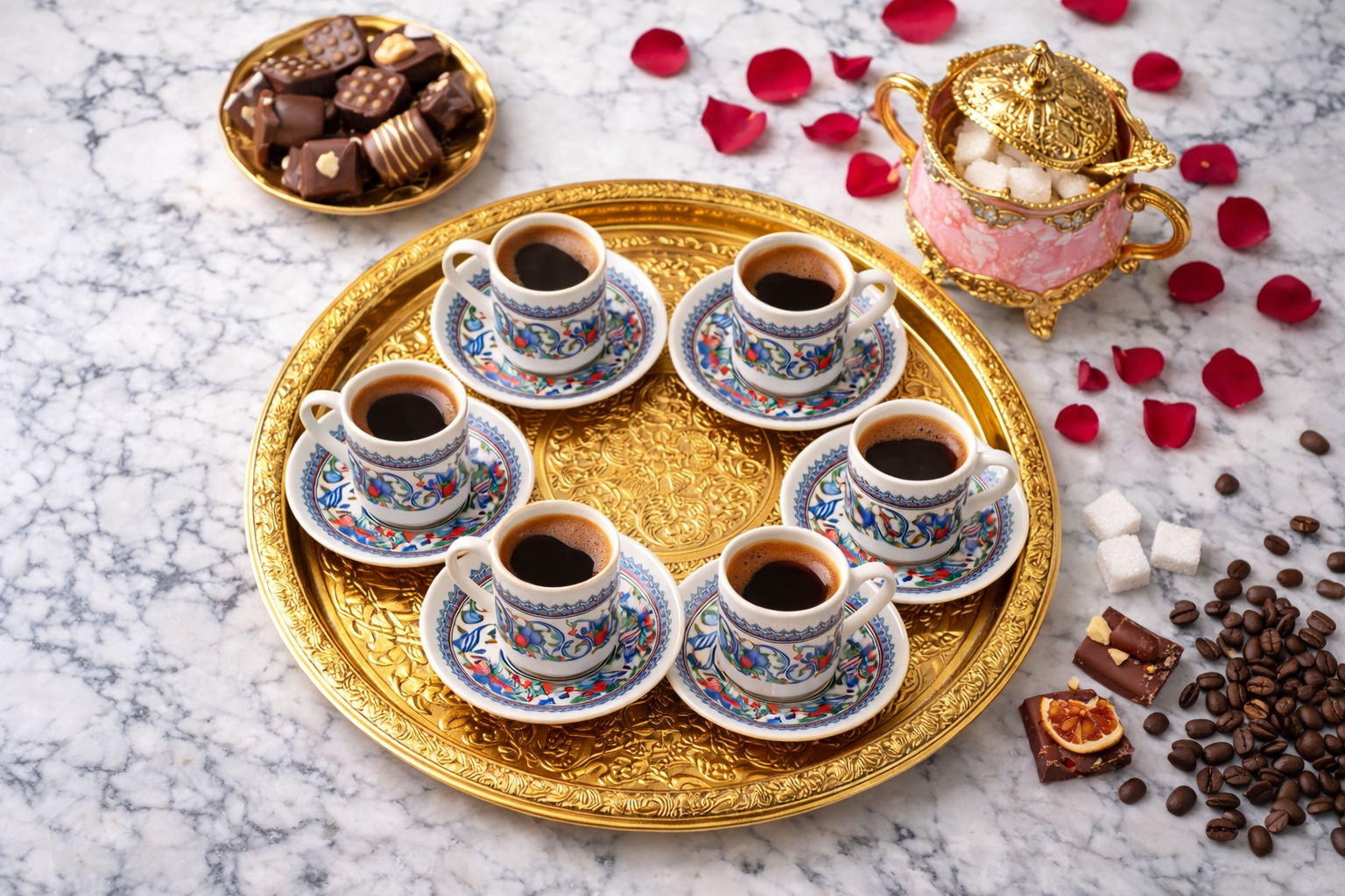 Traditional Ottoman Style Porcelain Turkish Coffee Set – 6 Cups with Gold Tray