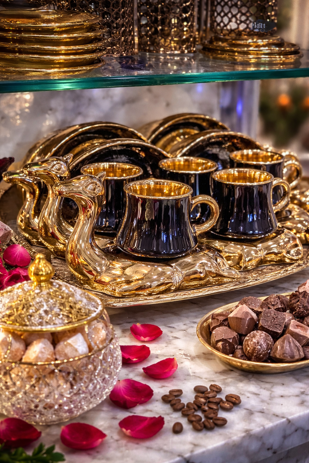 Luxury Camel Design Turkish Coffee Cup Set – Porcelain Cups with Gold Decorative Holder