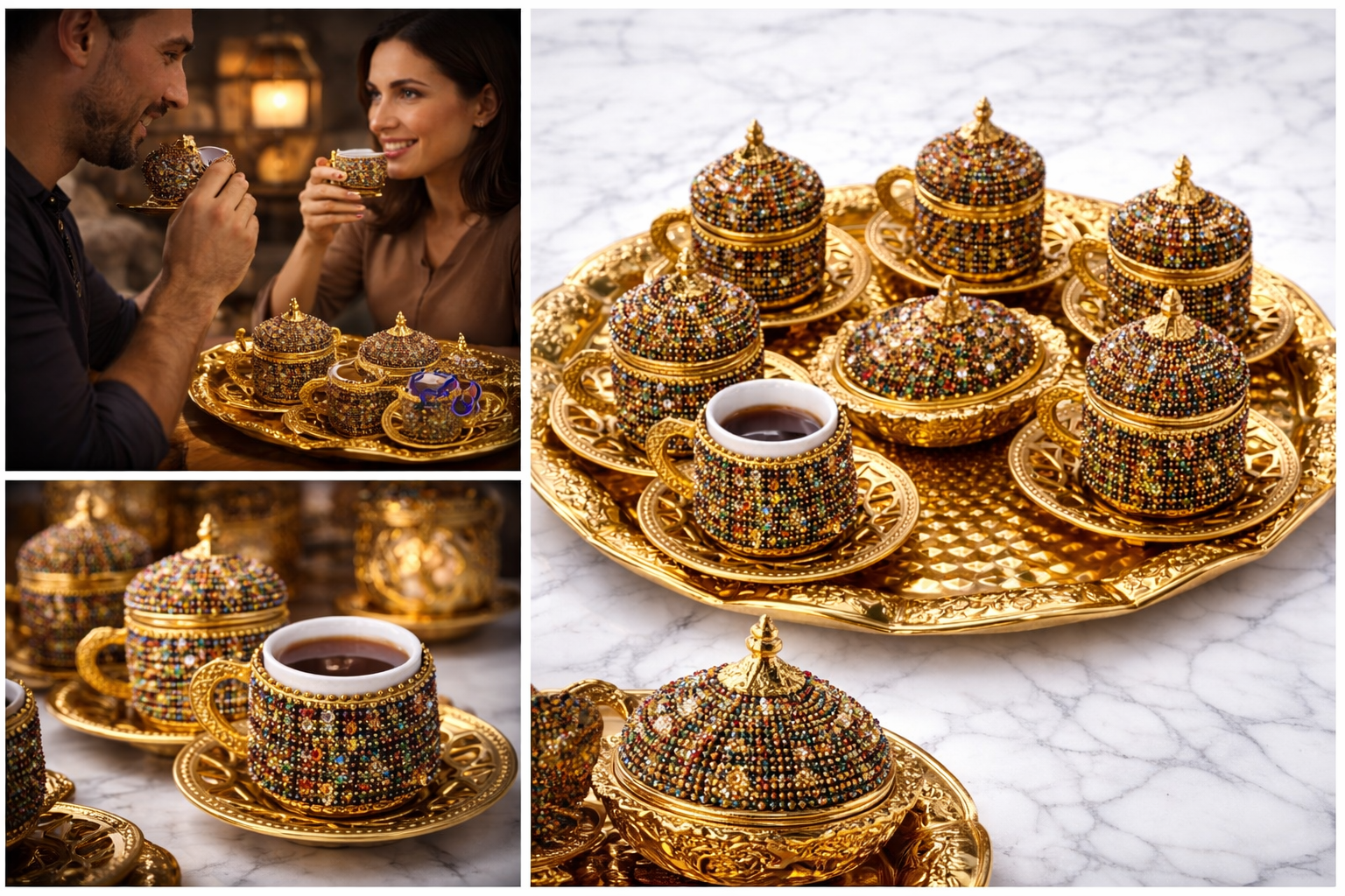 Luxury Ottoman Style Turkish Coffee Set for 6 – Gold Tray & Porcelain Inner Cups