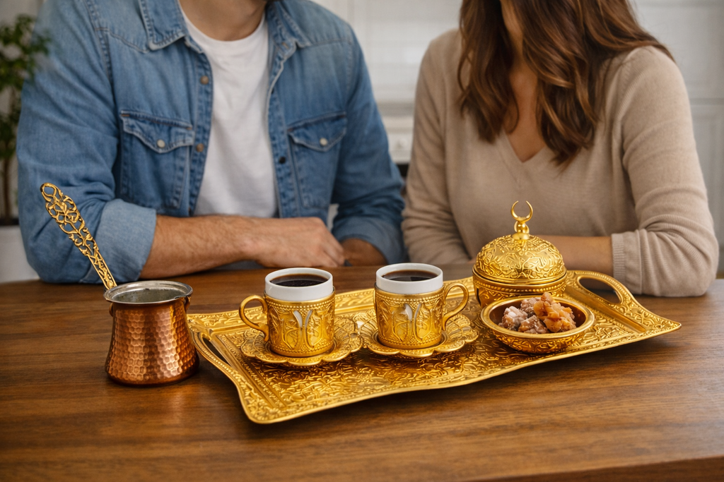 Luxury Gold Turkish Coffee Serving Set – Ottoman Style Tray, Cup Holder & Sugar Bowl – Decorative Turkish Coffee Presentation Set