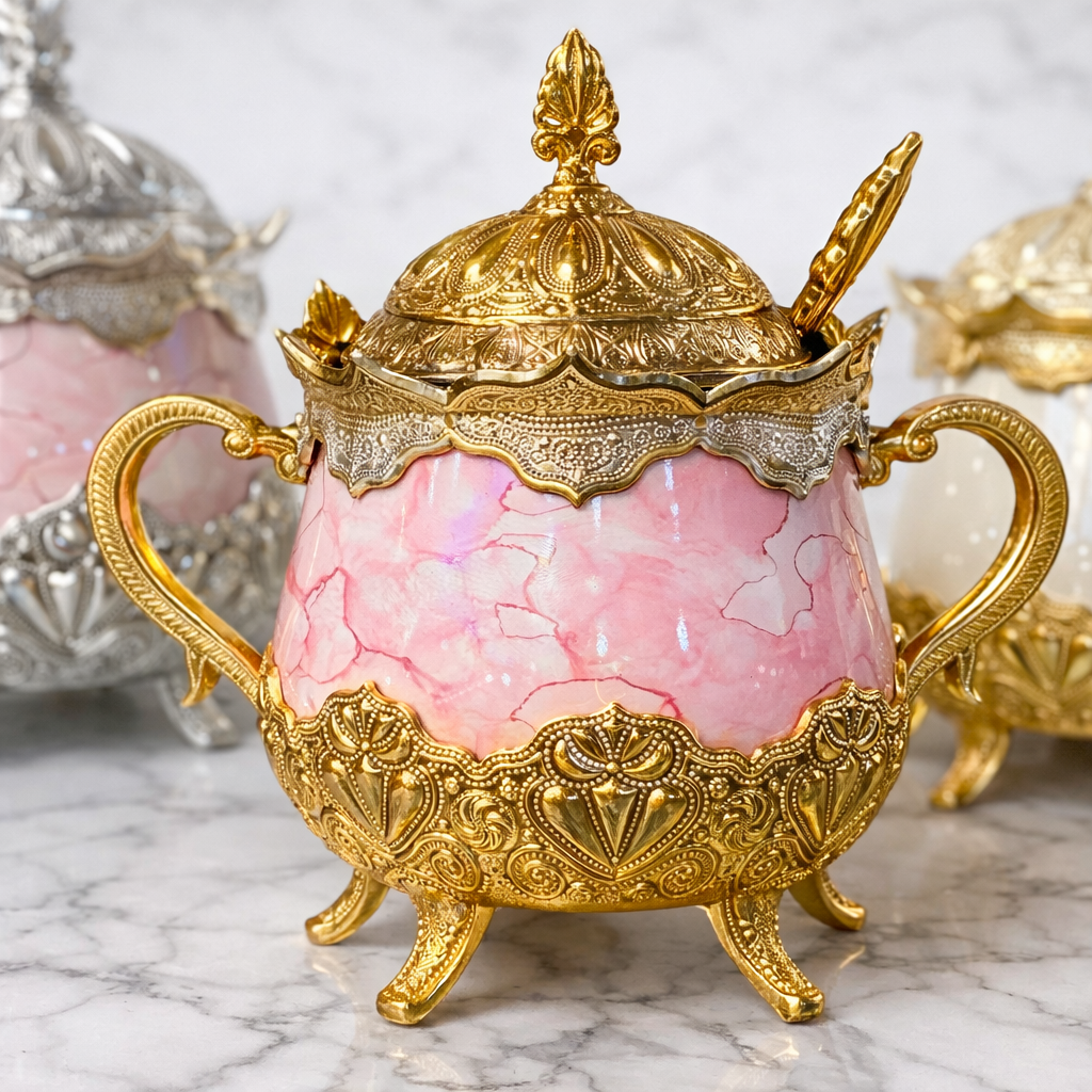 Luxury Pink Porcelain Sugar Bowl with Lid & Spoon – Ottoman Style Gold Design