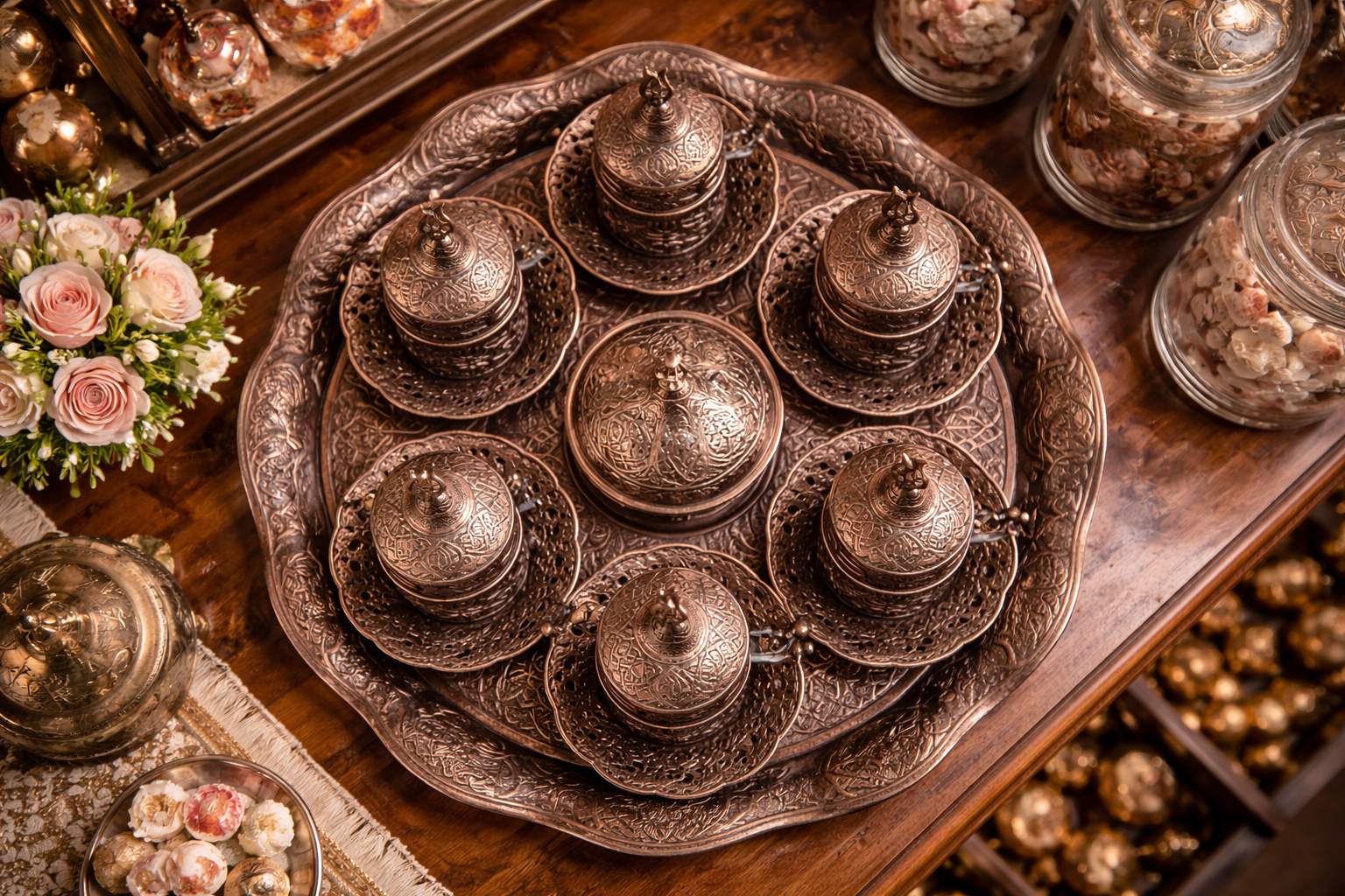 Velmora Sultan Copper Coffee Ritual Set – Handcrafted Ottoman 6 Cup Collection