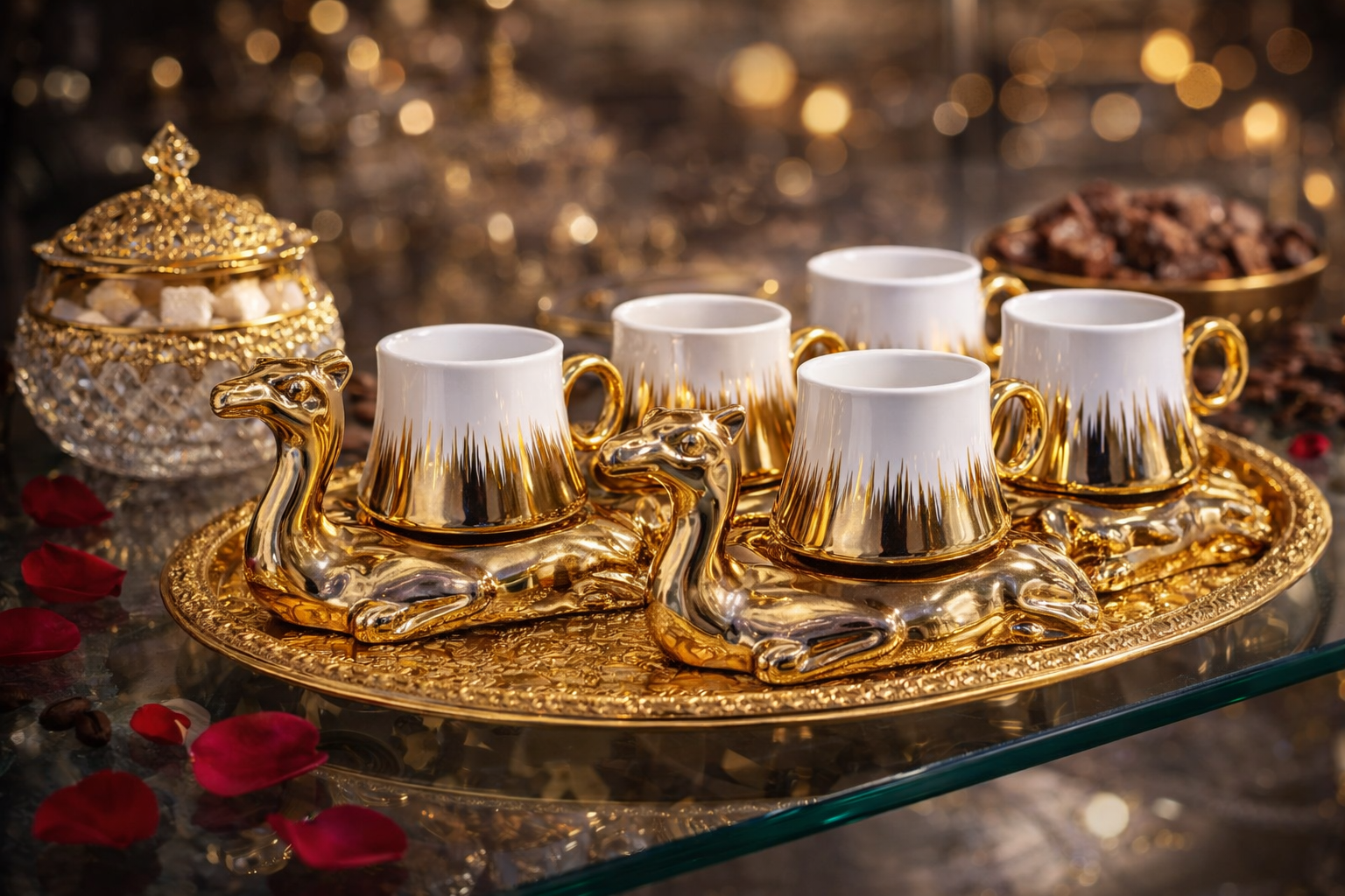 Luxury Camel Design Turkish Coffee Cup Set – Porcelain Cups with Gold Decorative Holder