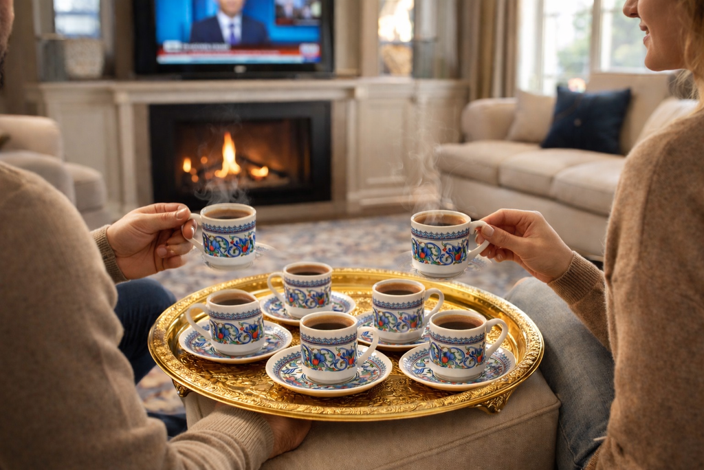 Traditional Ottoman Style Porcelain Turkish Coffee Set – 6 Cups with Gold Tray