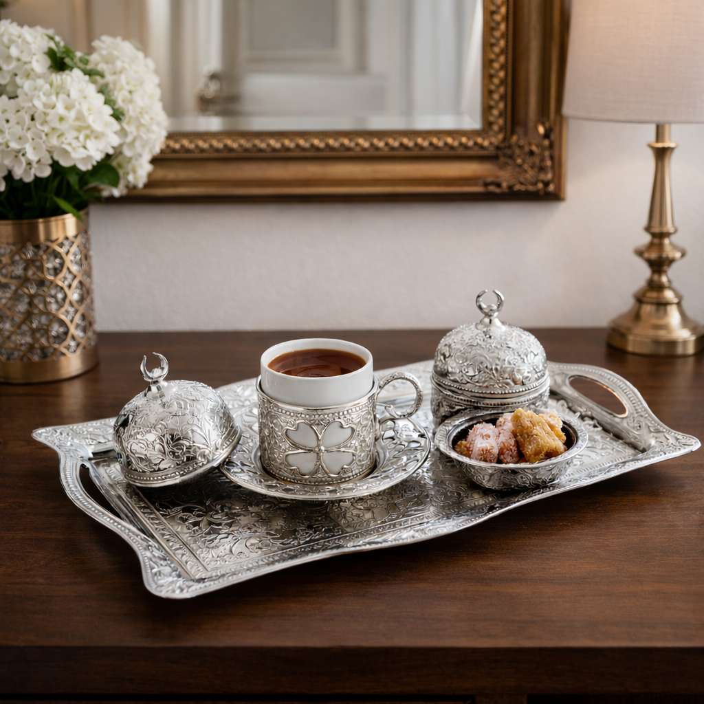 Traditional Turkish Coffee Serving Set – Nickel Plated Ottoman Style Tray, Cup Holder & Sugar Bowl – Elegant Turkish Coffee Presentation Set