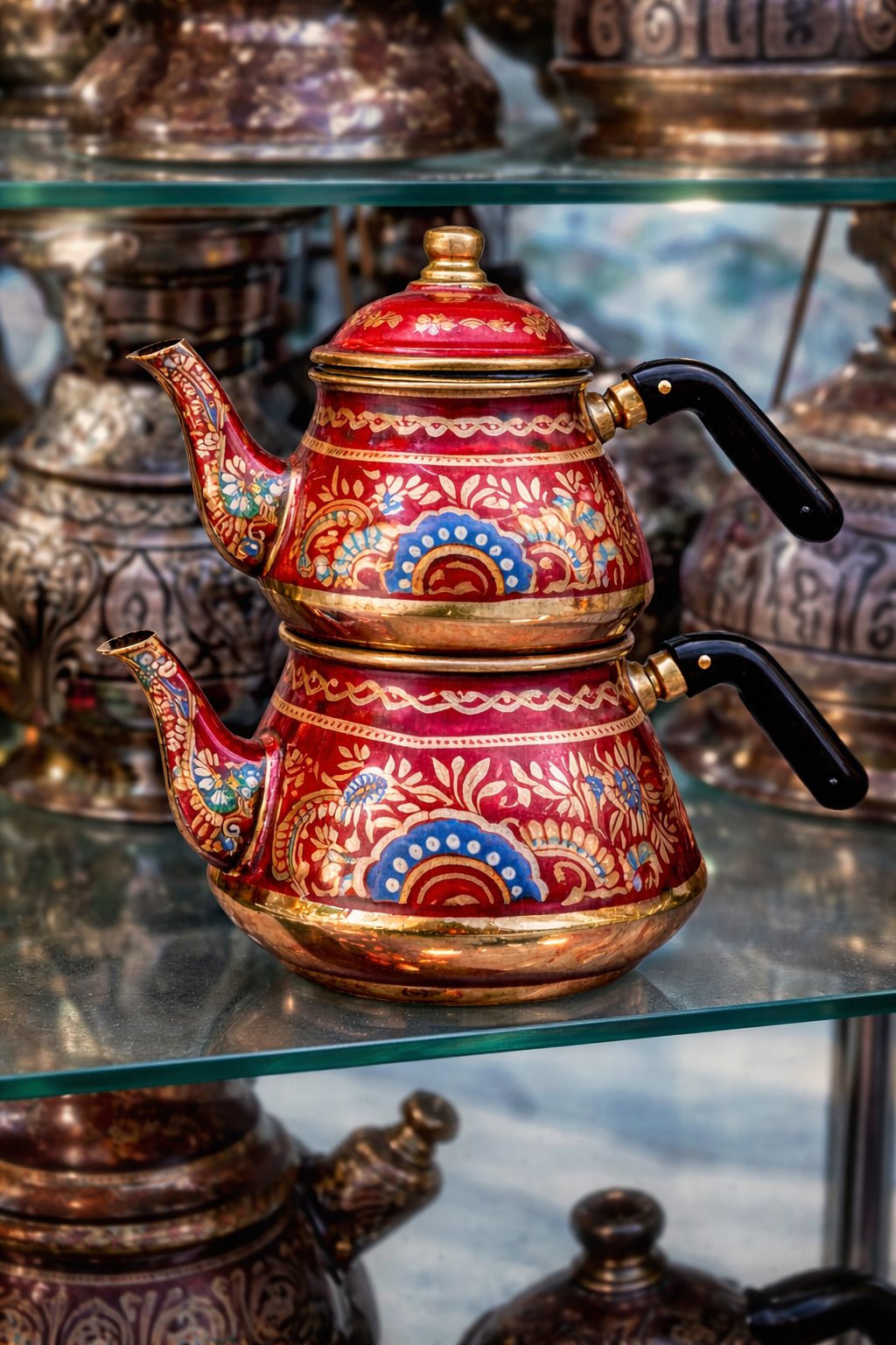 Handcrafted Turkish Double Teapot Set – Traditional Ottoman Style Red Enamel Tea Kettle with Tea Glasses & Sugar Bowl