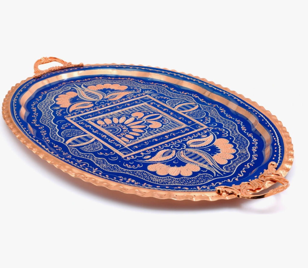Handcrafted Ottoman Copper Serving Tray – Traditional Turkish Enamel Decorative Coffee & Tea Serving Platter