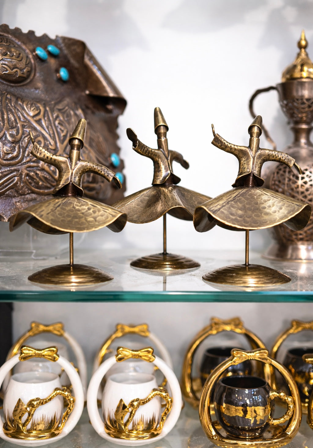 Ottoman Brass Whirling Dervish Statue Set – Handmade Turkish Sufi Home Decor (3 Pieces)