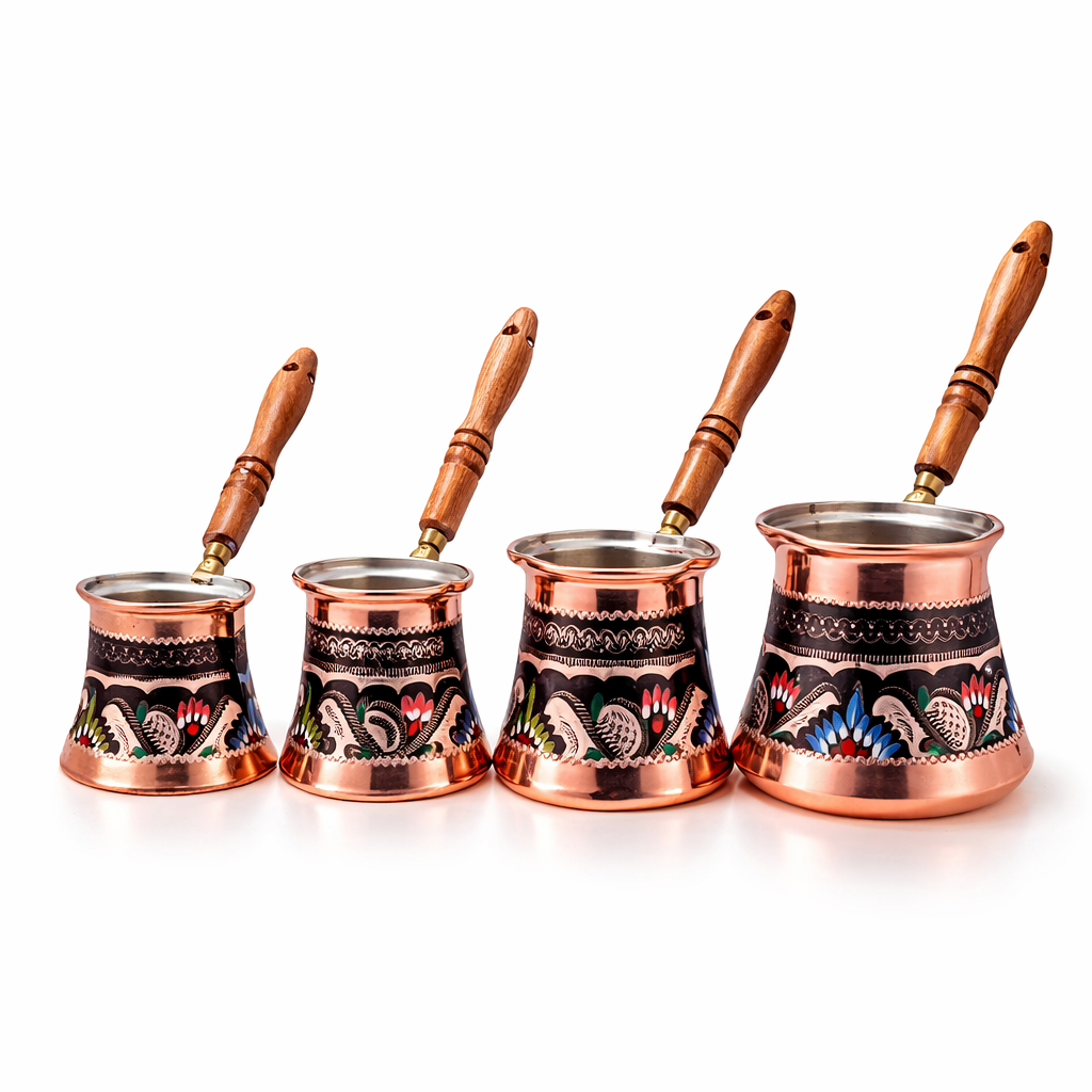 Handmade Copper Turkish Coffee Pot Set – Traditional Cezve Collection (4 pcs)