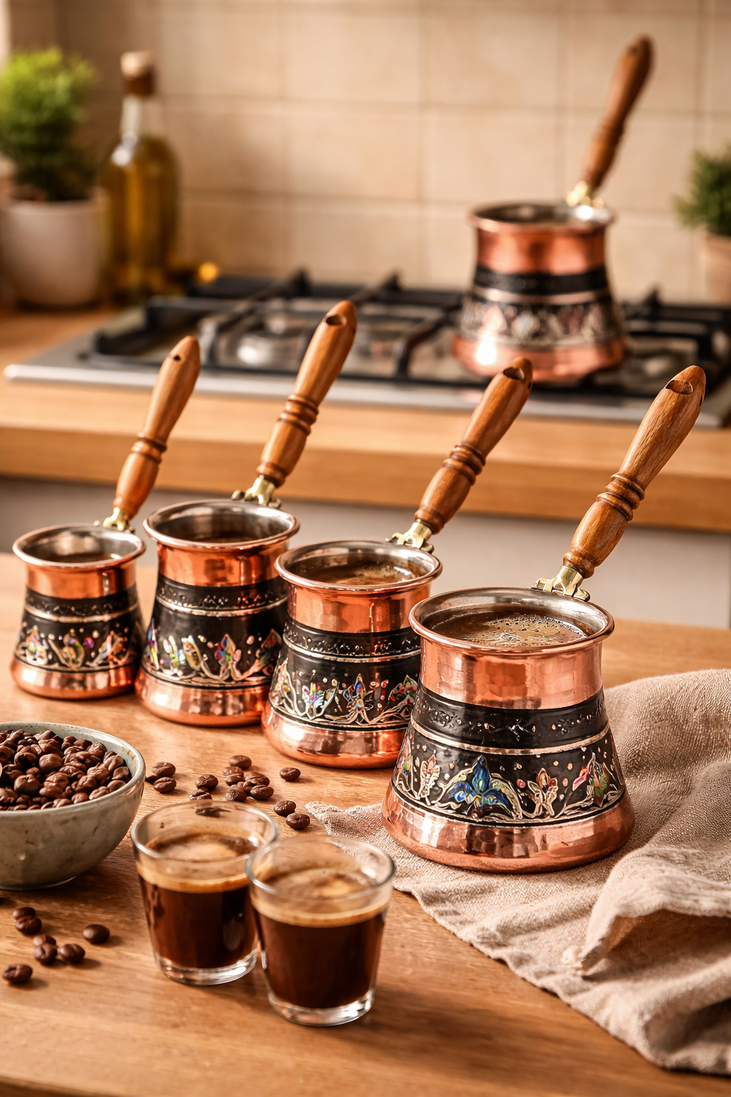 Handmade Copper Turkish Coffee Pot Set – Traditional Cezve Collection (4 pcs)