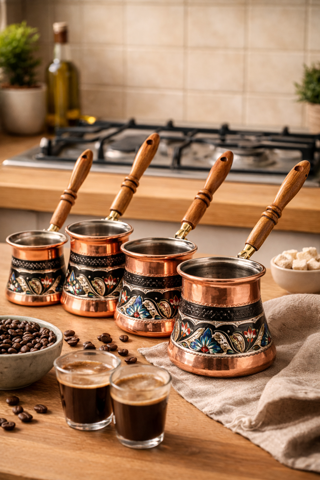 Handmade Copper Turkish Coffee Pot Set – Traditional Cezve Collection (4 pcs)