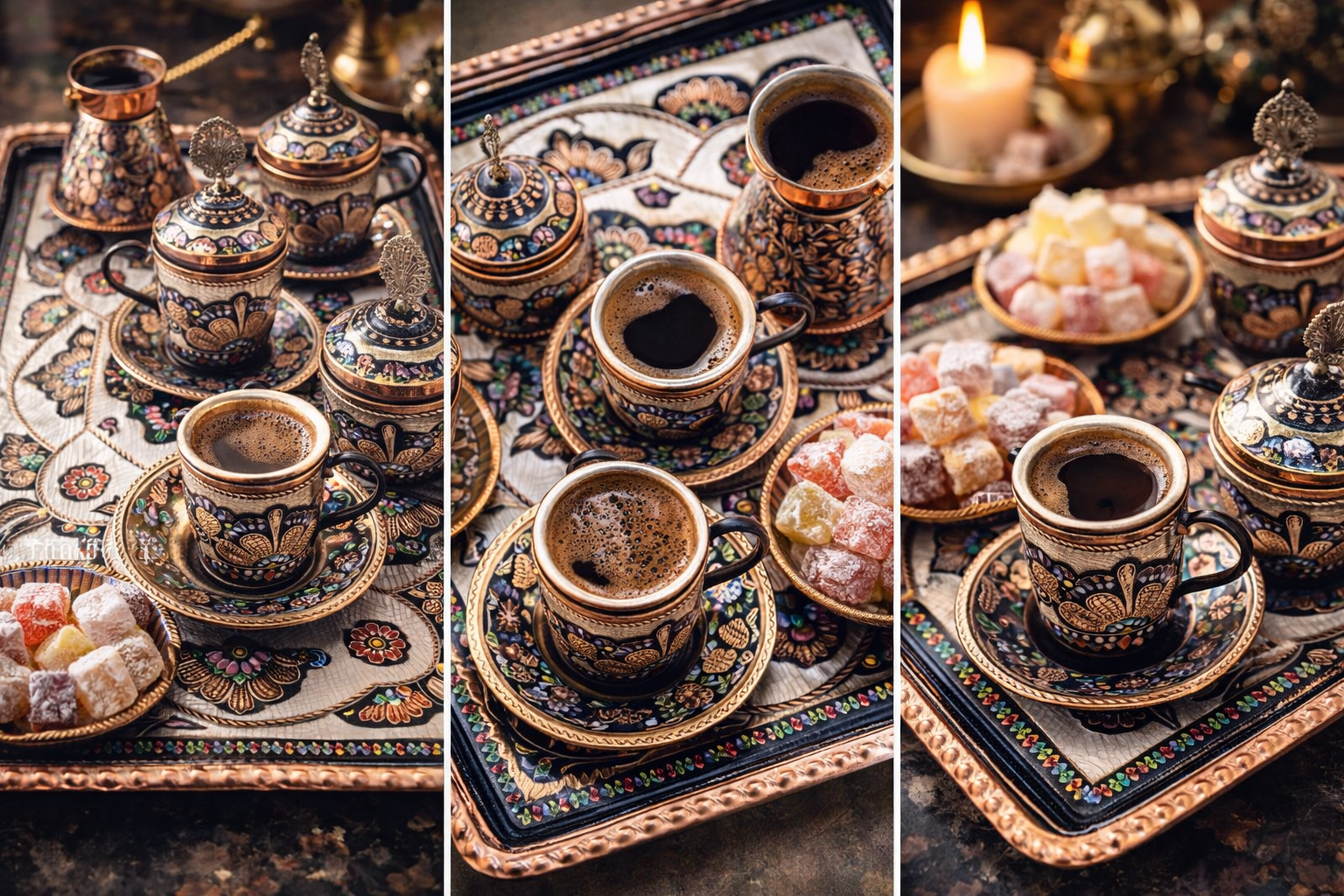 Handcrafted Turkish Copper Coffee Set – Ottoman Style Handmade Coffee Serving Set