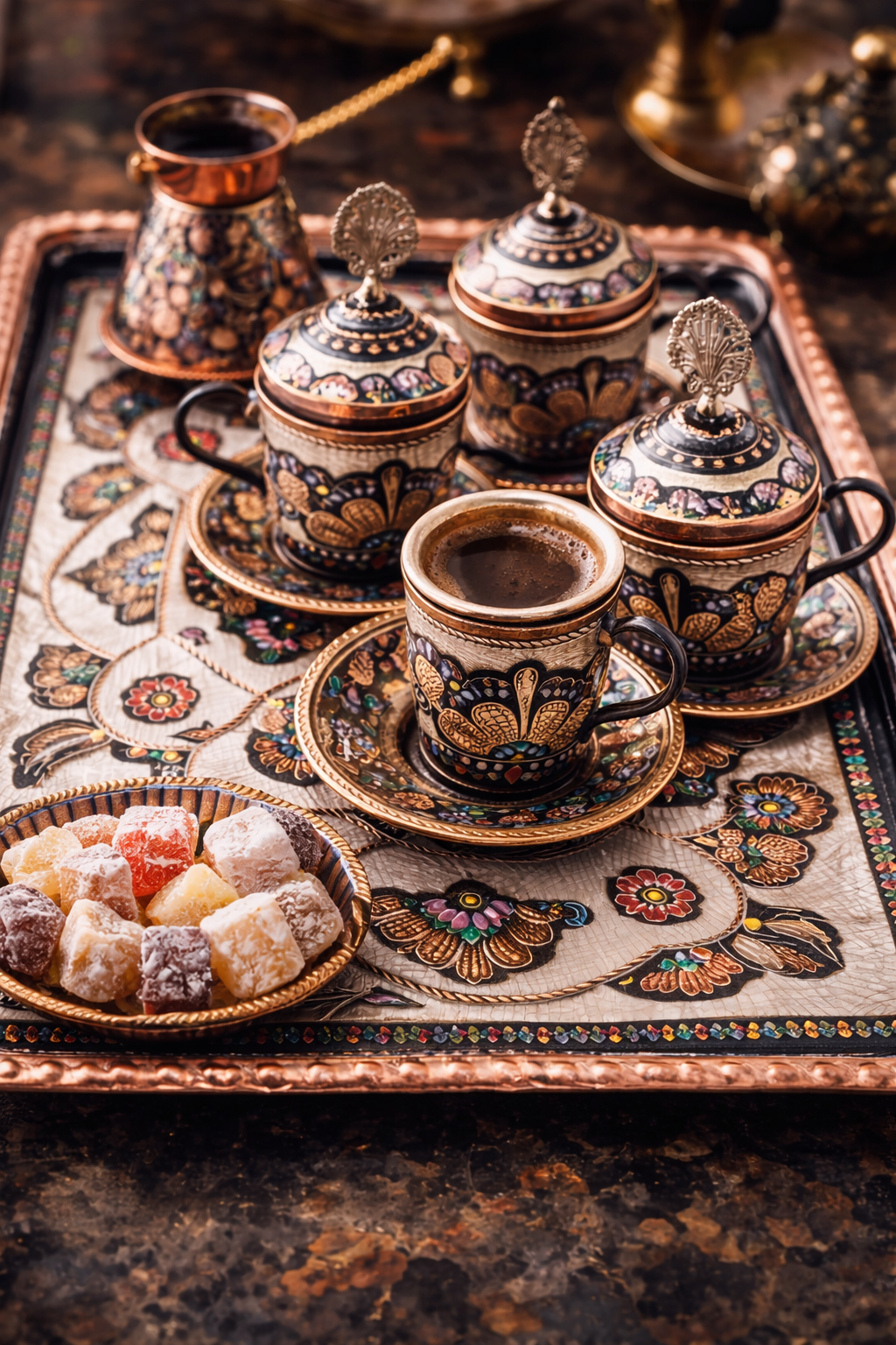 Handcrafted Turkish Copper Coffee Set – Ottoman Style Handmade Coffee Serving Set