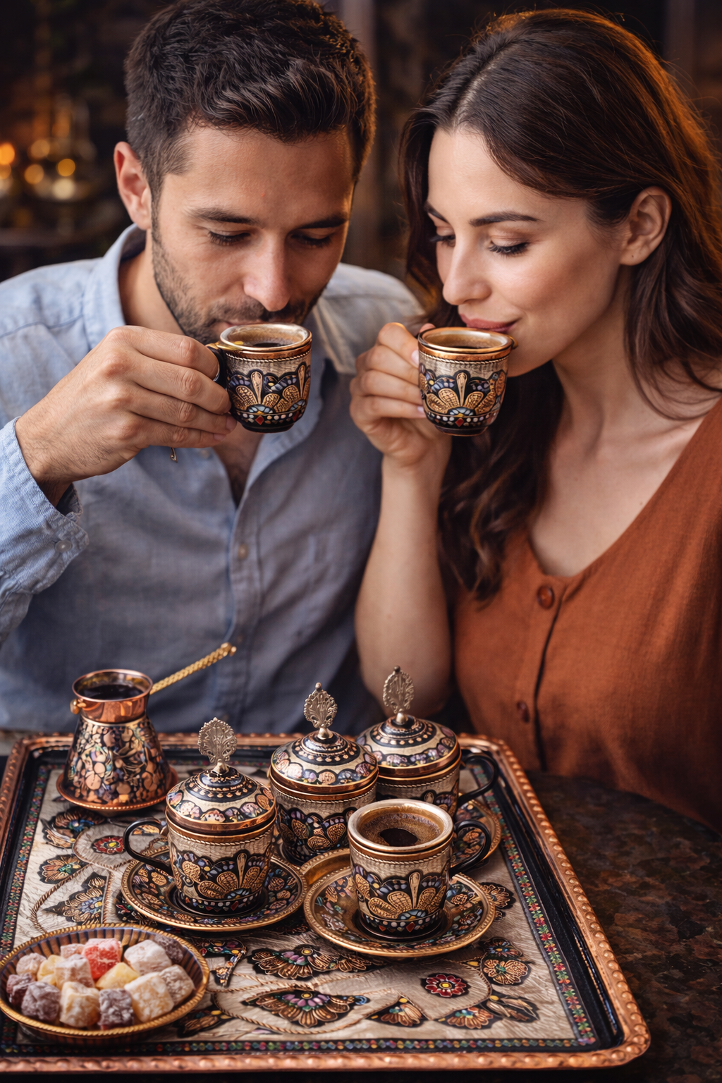 Handcrafted Turkish Copper Coffee Set – Ottoman Style Handmade Coffee Serving Set