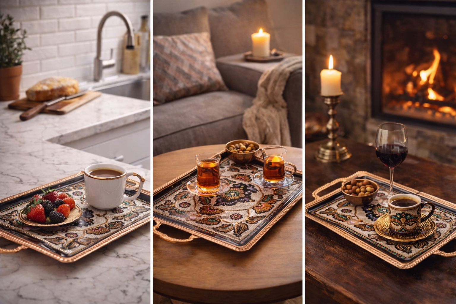 Handcrafted Turkish Copper Coffee Tray – Ottoman Style Serving Tray | Handmade Decorative Serving Plate