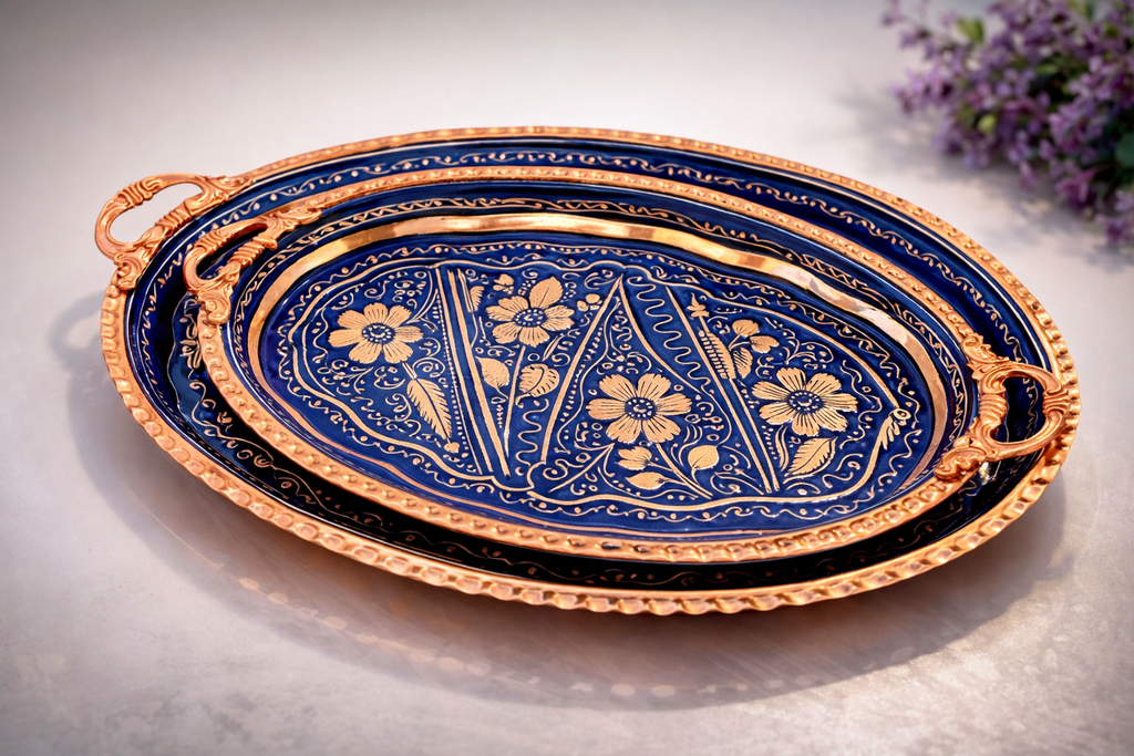 Handcrafted Ottoman Copper Serving Tray – Traditional Turkish Enamel Decorative Coffee & Tea Serving Platter