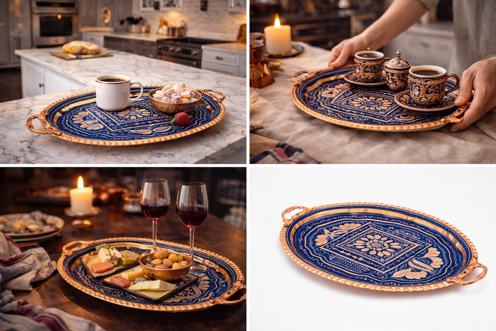 Handcrafted Ottoman Copper Serving Tray – Traditional Turkish Enamel Decorative Coffee & Tea Serving Platter