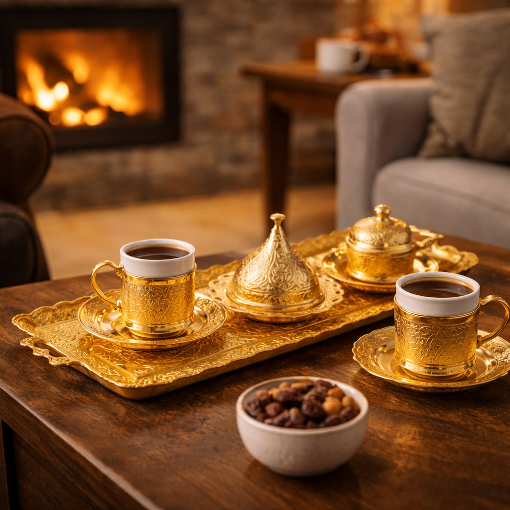 Luxury Handmade Turkish Coffee Set – Gold Ottoman Serving Tray